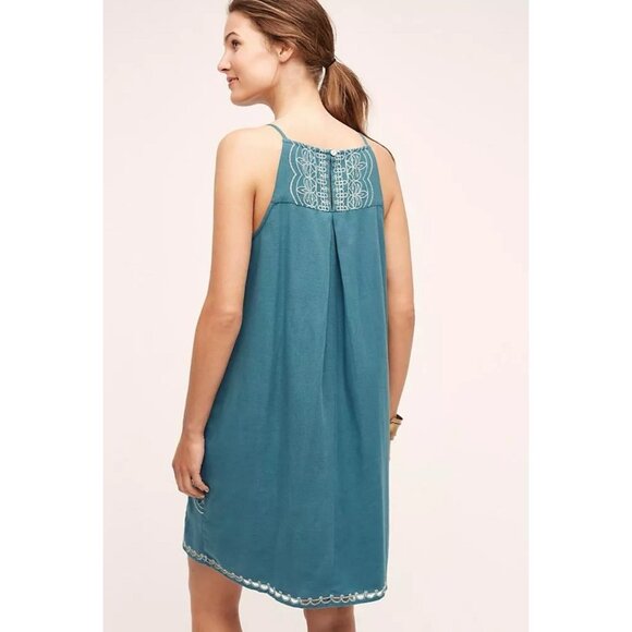 Anthropologie Floreat Boho Embroidered Sleeveless Swing Mini Dress Blue Green 6 - Picture 2 of 8